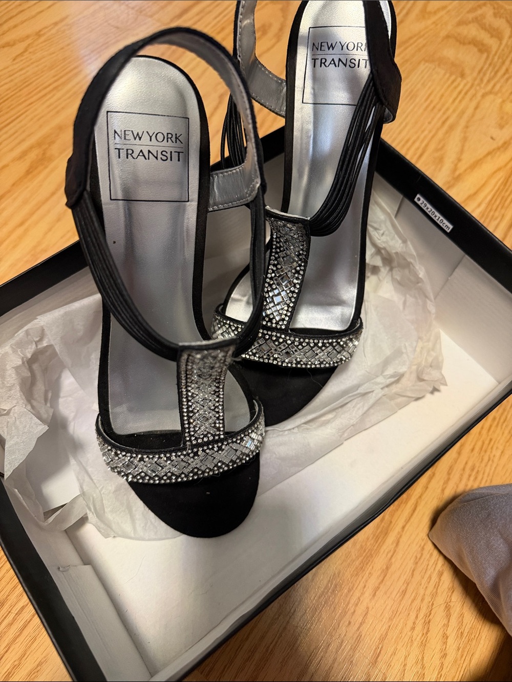 New York Transit Black T-Strap Rhinestone Heels 7.5